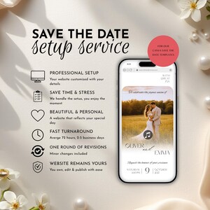 May include: A smartphone displays a wedding invitation with a photo of a couple in a field. The text reads "Oliver and Emma" and "Save the Date setup service." Additional text describes website customization, fast turnaround, and revisions.