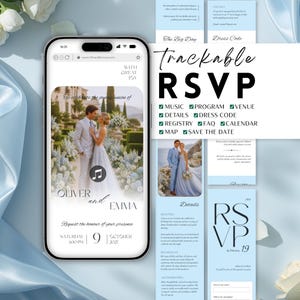 May include: A smartphone displays a wedding invitation with the names "Oliver and Emma." The invitation includes details like the date, time, and RSVP information. Accompanying cards provide additional wedding details.