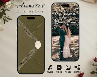 Olive Green Old Money Save the Date Video Invitation, Envelope Opening Wedding Template