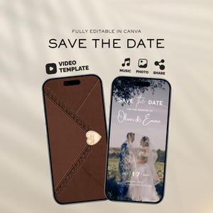 Könnte beinhalten: Eine digitale Save the Date Videovorlage für Canva auf zwei Smartphones. Ein Bildschirm zeigt einen braunen Umschlag mit Herzsiegel, der andere ein Hochzeitsfoto mit dem Text Save the Date for the wedding of Oliver & Emma July 17 2027.
