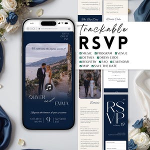 Old Money Navy Wedding Invitation with Music Countdown RSVP Details (Canva Website Template)