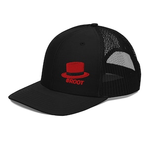 May include: Black trucker cap with a curved peak and mesh back. The cap has a red top hat design with the text "#ROOT" embroidered on the front. A classic hat.