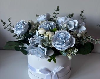 Ivory and Pale blue hatbox silk flower arrangement