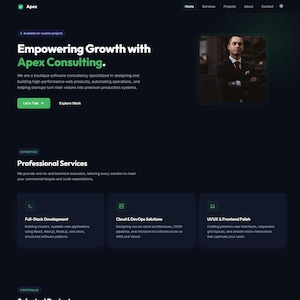 Plantilla de página de inicio de Apex CMS / Panel de administración sin código para consultorías