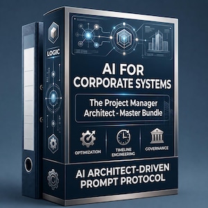 May include: A dark blue binder and box set with the text "AI FOR CORPORATE SYSTEMS" and "The Project Manager Architect - Master Bundle". The box includes icons for optimization, timeline engineering, and governance.