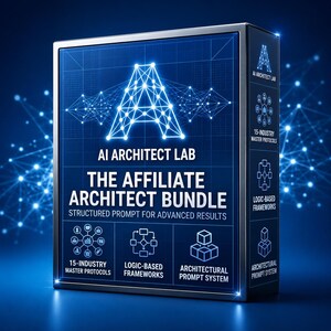 Peut inclure: Une boîte de produit numérique avec un design bleu et argenté. La boîte présente le texte "AI Architect Lab" et "The Affiliate Architect Bundle". Elle comprend également des icônes et du texte relatifs aux protocoles, aux cadres et aux systèmes d'invite de l'industrie.