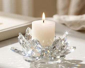 Crystal Lotus Candle Holder, Faceted Glass Table Decor, 11cm Diameter