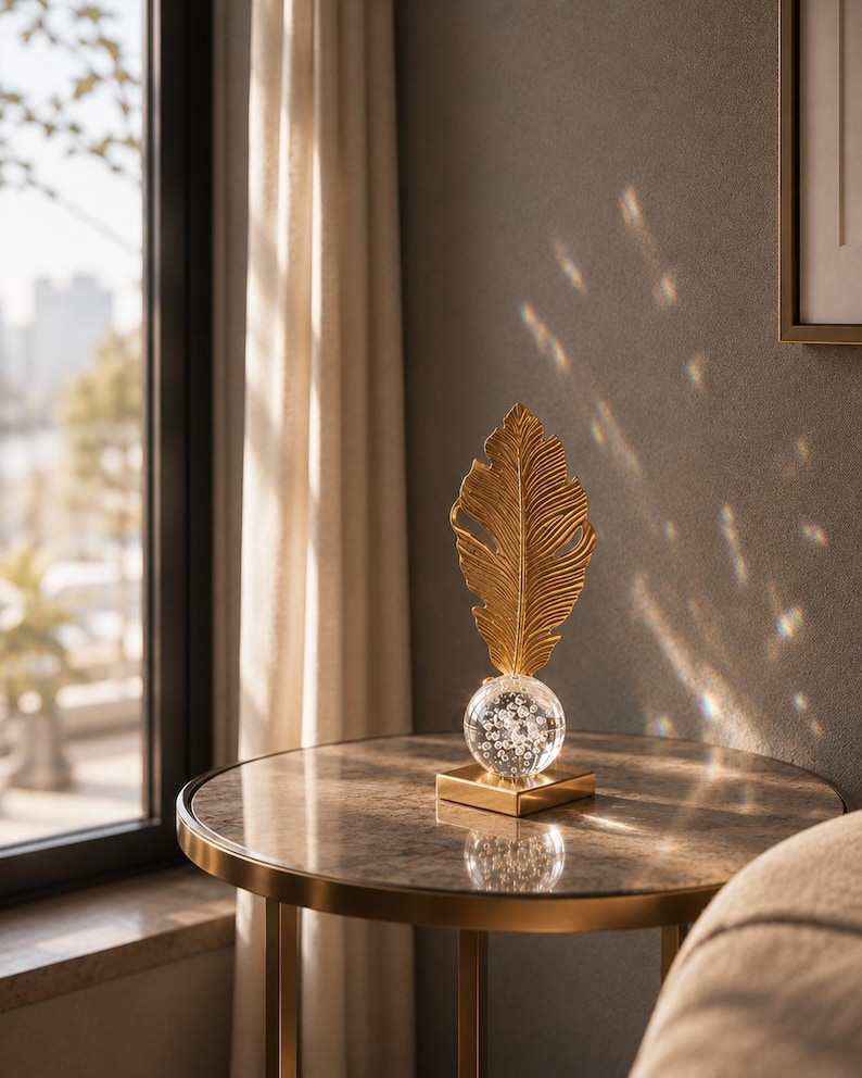 May include: A gold-colored feather sculpture atop a clear glass orb with decorative elements, mounted on a square gold base. The sculpture sits on a round table with a marble-like top and gold trim.