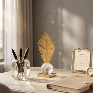 May include: A desk scene featuring a gold feather sculpture atop a glass orb, a crystal pen holder with black pens, a gold-framed calendar, a small gold clock, and a beige leather notebook. The calendar displays the month of January.