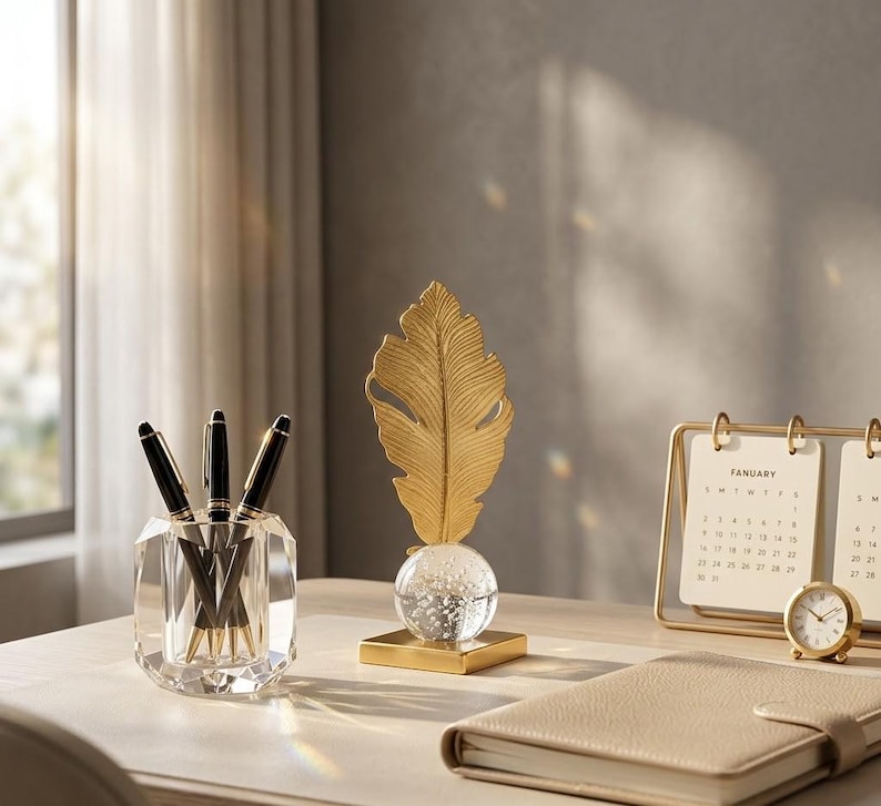 May include: A desk scene featuring a gold feather sculpture atop a glass orb, a crystal pen holder with black pens, a gold-framed calendar, a small gold clock, and a beige leather notebook. The calendar displays the month of January.