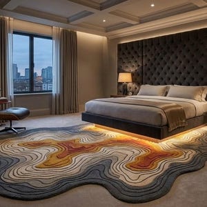 Irregular Shape Topography Area Rug | Abstract 3D Layered Hand Tufted Carpet | Terracotta Ochre Charcoal Grey | Deep Carved Master Bedroom R