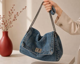 ヴィンテージデニムショルダーバッグ、大容量トートバッグ、女性用カジュアルクロスボディハンドバッグ
