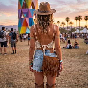 Puede incluir: Una mujer con sombrero marrón, top de crochet crema, shorts vaqueros y bolso bandolera marrón con flecos. Está de pie en un campo con una estructura geométrica colorida, una multitud y palmeras al fondo.