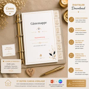 May include: A beige binder containing a guest information booklet titled Gästemappe with gold accents, a gold pen, and a small wooden heart with a deer engraving. The booklet features tabs for house rules, local dining, and excursions, with floral graphics.
