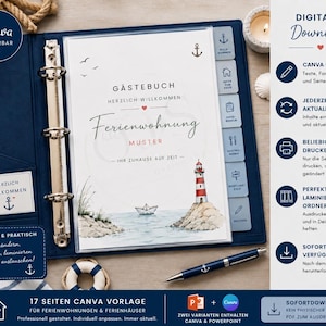 May include: A dark blue binder containing a guestbook template for a vacation rental. The cover features a lighthouse, a paper boat, and the text GÄSTEBUCH HERZLICH WILLKOMMEN Ferienwohnung MUSTER. Includes a matching blue pen with an anchor icon.
