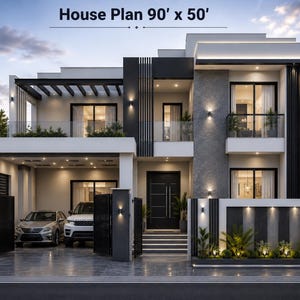 May include: A two-story modern house plan 90' x 50' featuring a white and gray facade with black accents, a covered carport with two parked cars, glass balcony railings, recessed exterior lighting, and a landscaped front garden area.