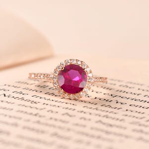 1.25 CT Ruby Engagement Rings, Round Cut Halo Wedding Ring, Rose Gold Bridal Ring