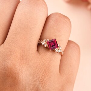 Square Cut Ruby Bridal Ring, July Birthstone Jewelry, Vintage Engagement Ring, Ruby Gemstone, Daimond Promise Ring, Gift for Her