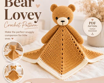 Padrão de crochê em PDF para ursinho de pelúcia, padrão de manta de segurança para ursinho de pelúcia, amigurumi para bebê, bichinho de pelúcia para aconchegar | brinquedo de pelúcia