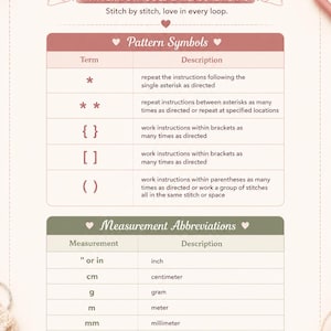 Pode incluir: Uma tabela de refer&ecirc;ncia intitulada CozyLoopPatternsCo Pattern Symbols & Measurements. Lista s&iacute;mbolos de croch&ecirc; como asteriscos, colchetes e par&ecirc;nteses com descri&ccedil;&otilde;es, al&eacute;m de abrevia&ccedil;&otilde;es de medidas para polegadas, cm, gramas, metros, mm, on&ccedil;as e jardas.