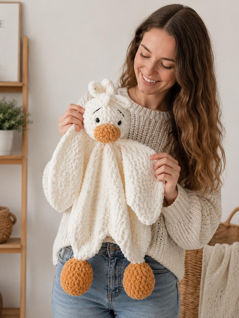 Pode incluir: Uma manta de seguran&ccedil;a de croch&ecirc; branca com uma cabe&ccedil;a de pato de pel&uacute;cia, um bico castanho-claro e p&eacute;s a condizer. O fio macio e texturizado forma um corpo de manta com quatro cantos, com olhos e sobrancelhas pretas bordadas na cabe&ccedil;a.