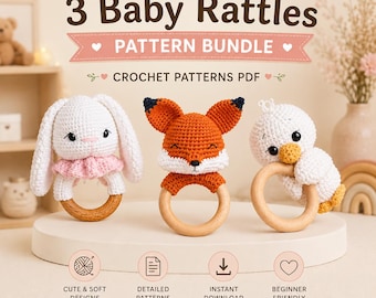 3 Chocalhos de Animais Bebês: Pacote de Padrões de Crochê Amigurumi para Berçário (Download Digital em PDF)