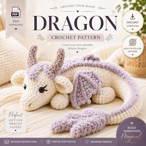 May include: A digital PDF crochet pattern for a Winnie Dragon, featuring text that reads DRAGON CROCHET PATTERN, INSTANT DOWNLOAD, and EASY-TO-FOLLOW PATTERN. The image displays a cream and lavender crocheted dragon toy with horns and wings.