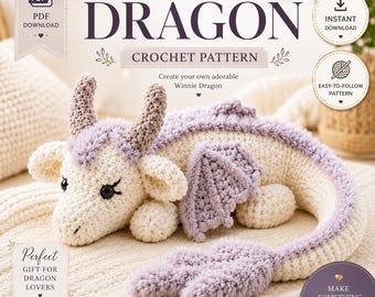 Padrão Oficial de Amigurumi de Dragão, Padrão de Crochê de Dragão, Brinquedo de Pelúcia de Costura Simples, Animal de Pelúcia Fantástico, Almofada Grande de Dragão, Dragão Mágico