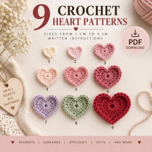 Può includere: Un download PDF digitale con 9 schemi per cuori all'uncinetto in dimensioni da 1 cm a 5 cm. L'immagine mostra nove cuori lavorati all'uncinetto in vari colori, tra cui crema, rosa, rosso, viola e verde, numerati da 1 a 9, con istruzioni scritte.