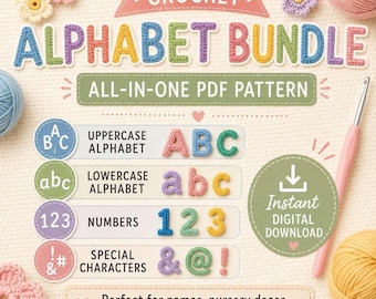 Padrão de Letras do Alfabeto em Crochê: Pacote com 3 Padrões, Alfabeto Maiúsculo, Alfabeto Minúsculo, Números e Pontuação, ABC Amigurumi (PDF)
