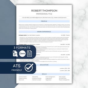 May include: A professional resume template featuring a clean white layout with black text, organized into sections for profile, work experience, education, and skills. The document includes icons for 3 formats and an ATS friendly checkmark badge.