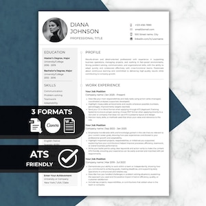 May include: A professional CV template featuring a headshot, education, skills, and work experience sections. The CV includes the name "Diana Johnson" and is available in three formats. The design is ATS-friendly.