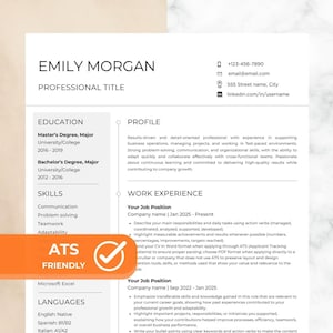 May include: A professional resume template with the name "EMILY MORGAN" at the top. The resume includes sections for education, skills, profile, and work experience. An orange banner with the text "ATS FRIENDLY" and a checkmark is at the bottom left.