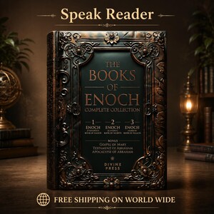 May include: A complete collection of "The Books of Enoch" in a hardcover book. The cover is dark green with ornate bronze-coloured filigree and the title in gold lettering. The book includes Enoch, Gospel of Mary, and other texts.