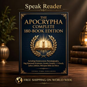 Puede incluir: Un libro de tapa dura titulado "The Apocrypha Complete 180-Book Edition" con letras doradas y una ilustración dorada de un libro abierto. El libro incluye Deuterocanon, Pseudepigrapha y otras escrituras. El texto "Speak Reader" está en la parte superior.