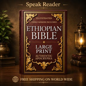 May include: A hardcover Ethiopian Bible with gold filigree and the title "Ethiopian Bible" in large print. The cover is a deep burgundy color with the words "Illustrated" and "Video Lessons Included". The book is labeled "Large Print" and "Authentic Apocrypha".