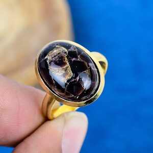Natural Black Shell Oval Shape Gemstone Ring 18k Gold Micron Over 925 Sterling Silver