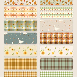 Puede incluir: Una colección de doce etiquetas rectangulares con varios patrones de temática otoñal que incluyen calabazas, erizos, bellotas, girasoles, gansos y diseños de cuadros en tonos naranja, verde, marrón, amarillo y crema sobre un fondo claro.