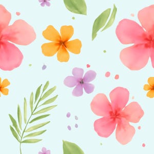 Puede incluir: Un patrón continuo con ilustraciones estilo acuarela de flores rosas, naranjas y moradas intercaladas con hojas verdes y pequeños puntos coloridos sobre un fondo azul claro. El diseño repite elementos florales y botánicos.