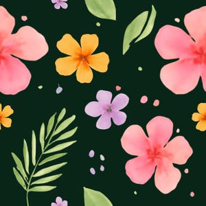 Puede incluir: Un patrón continuo con ilustraciones estilo acuarela de flores rosas, naranjas y moradas claras, intercaladas con hojas verdes y pequeños puntos sobre un fondo verde oscuro. El diseño repite elementos florales y botánicos.