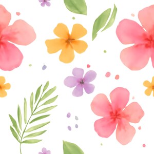 Puede incluir: Un patrón continuo con ilustraciones estilo acuarela de flores grandes de color rosa, flores más pequeñas amarillas y moradas, y hojas verdes tipo palma dispersas sobre un fondo blanco con pequeños puntos coloridos.