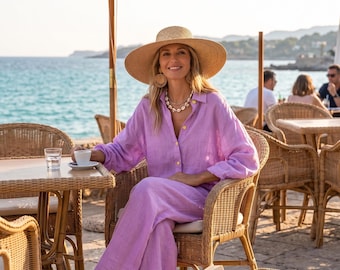 Women's Summer Pure Cotton Two-Piece Set: Long-Sleeve Shirt and Loose Wide-Leg Pants – Suitable for Vacation, Beach, and Casual Wear