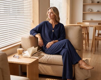 Oversized Ladies Casual Tracksuit Fall Winter Soft Stretch Knit Henley V Neck Sweatshirt High Rise Wide Leg Pants Loungewear Two Piece Set