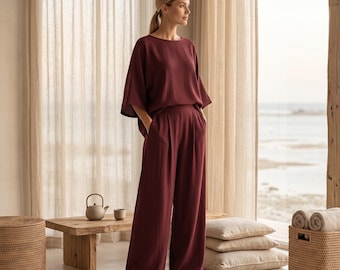 Elegant Women Sets：Crew Neck Batwing Sleeve Oversized Shirt High Waist Pleated Wide Leg Pants with Pockets, Casual Holiday Daily Wear Outfit