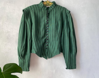Exclusief van eric andres vintage groen gestreepte blouse gepofte blouse met lange mouwen medium large