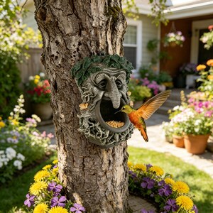 May include: A detailed image of a tree-mounted bird feeder shaped like a face with a beard of leaves. A hummingbird with orange and green wings is feeding from the feeder. The feeder is attached to a tree trunk, surrounded by flowers.