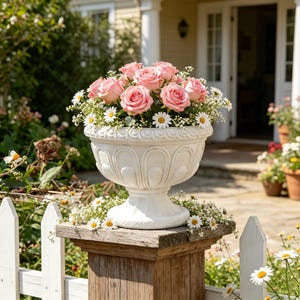 May include: A white, ornate planter filled with pink roses and white daisies. The planter sits atop a wooden post next to a white picket fence. The background includes a house with a white door and green foliage.