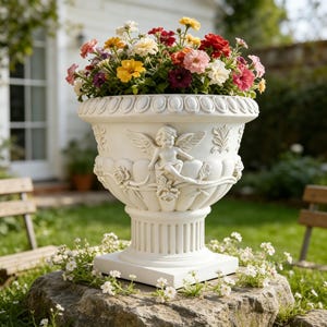 May include: A large, white, ornate garden urn filled with colorful flowers. The urn features relief carvings of cherubs, roses, and other decorative elements. The flowers are a mix of red, pink, yellow, and purple.