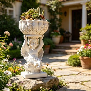 May include: A white cherub statue holding a large, ornate planter filled with succulents and small cacti. The planter has a detailed floral design. The statue is on a stone base, set in a garden with flowers and a house in the background.