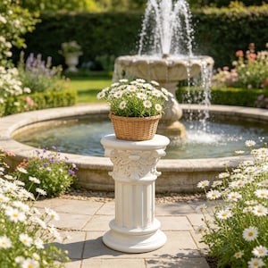 May include: A woven wicker basket filled with white daisies with yellow centers sits atop a white, cylindrical, fluted pedestal with ornate carved detailing at the top, positioned on a stone patio surface.